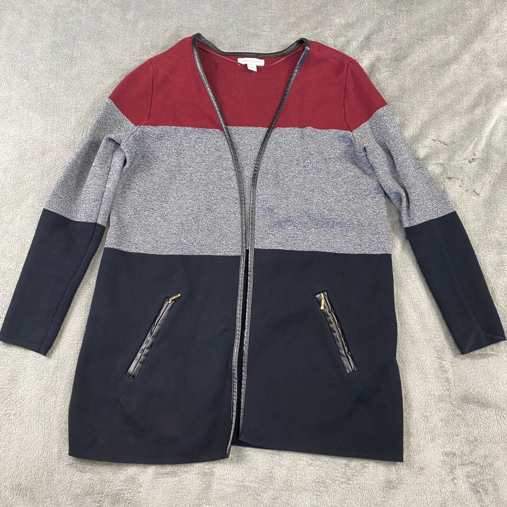 Charter Club Cardigan Women PS Colorblock Faux Leather Trim Pockets